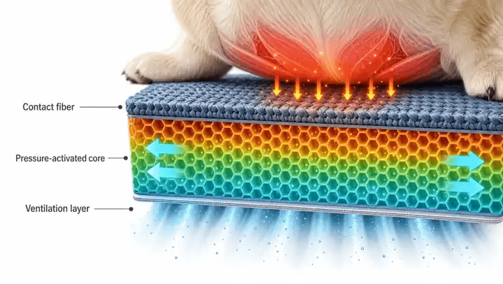 Three layers at work: the contact fiber pulls heat away, the core spreads it, the base releases it into the room.