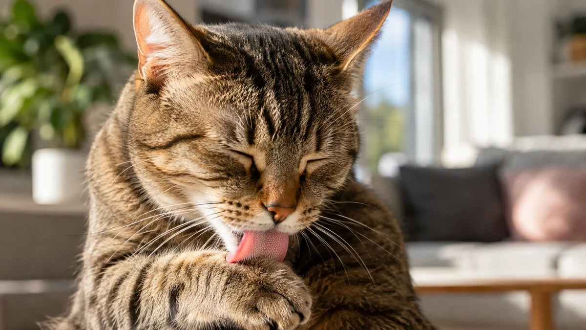 A cat grooming itself and licking its fur