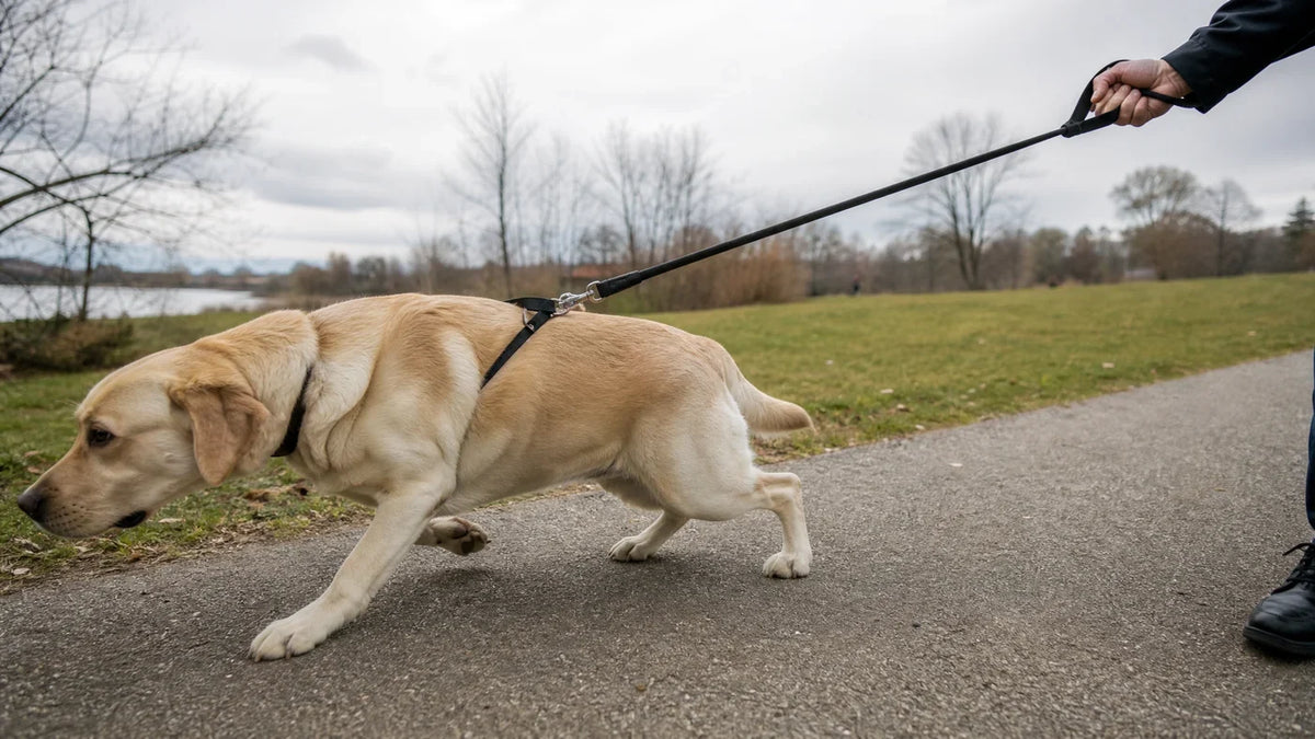 A dog pulling hard at the end of a tight leash while its owner braces