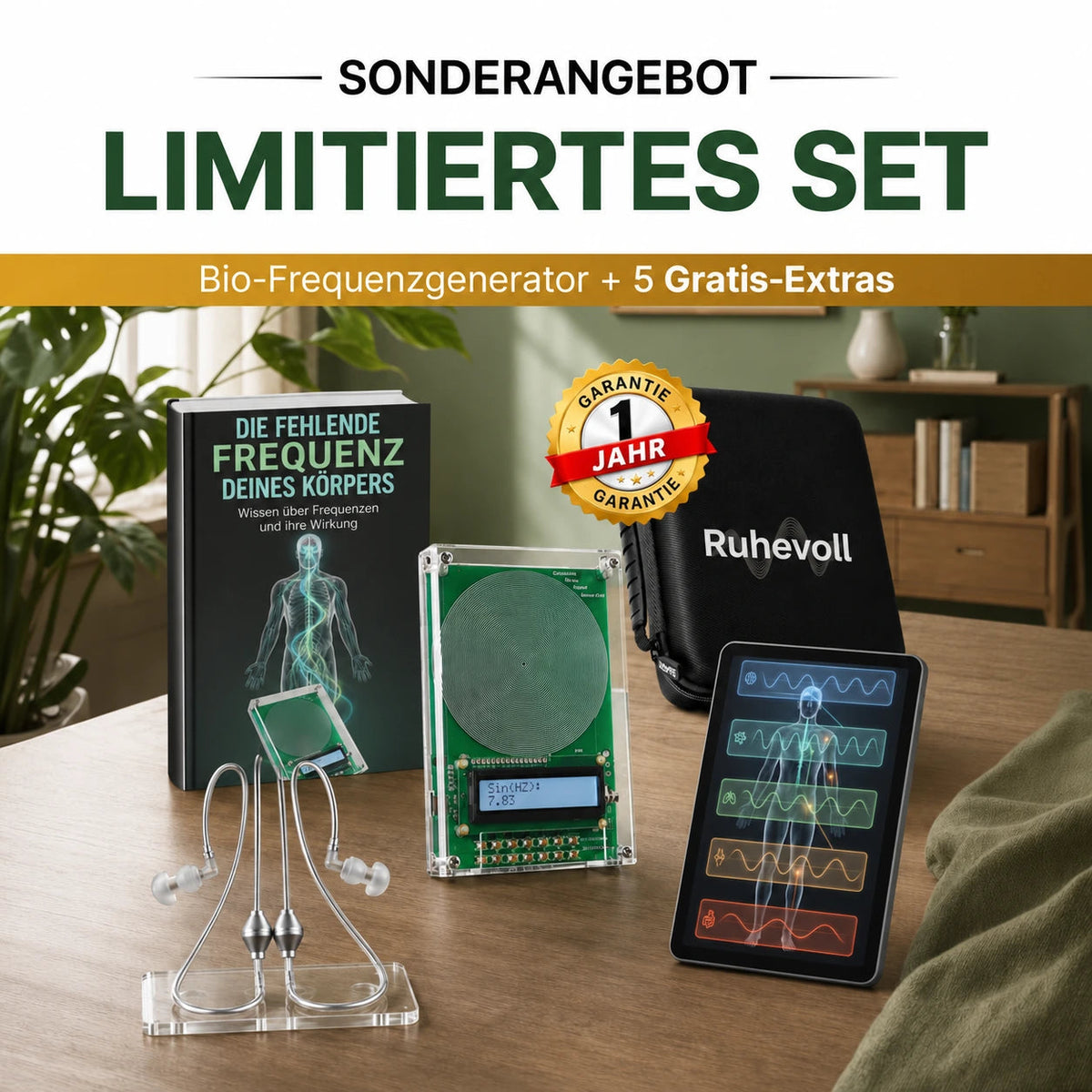 Ruhevoll-Frequenzgenerator im Set mit Kopfhörern, Etui, zwei E-Books und zusätzlicher Garantie