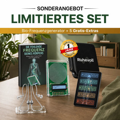 Ruhevoll-Frequenzgenerator im Set mit Kopfhörern, Etui, zwei E-Books und zusätzlicher Garantie