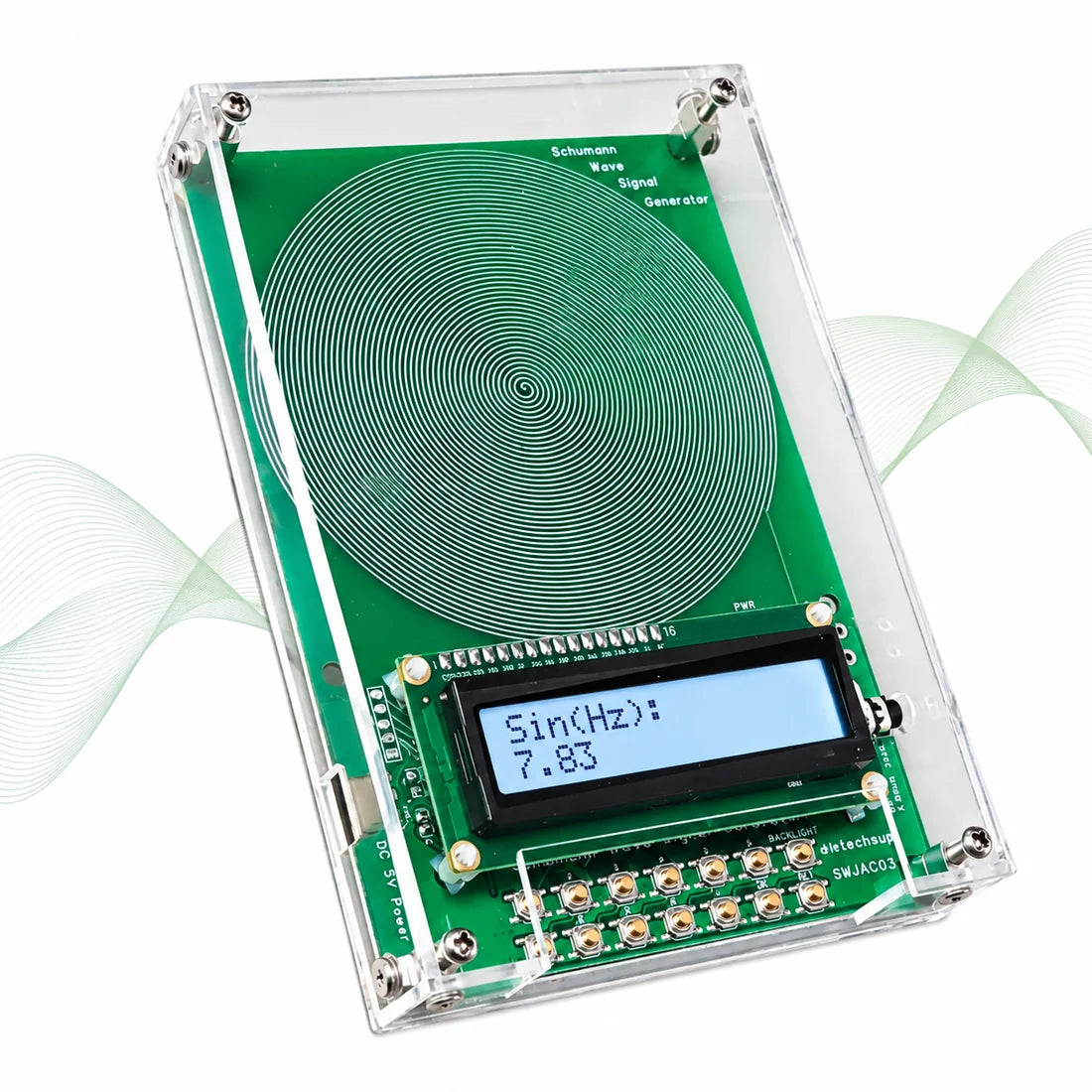 Frequenzgenerator mit transparentem Gehäuse vor dezenten grünen Wellen