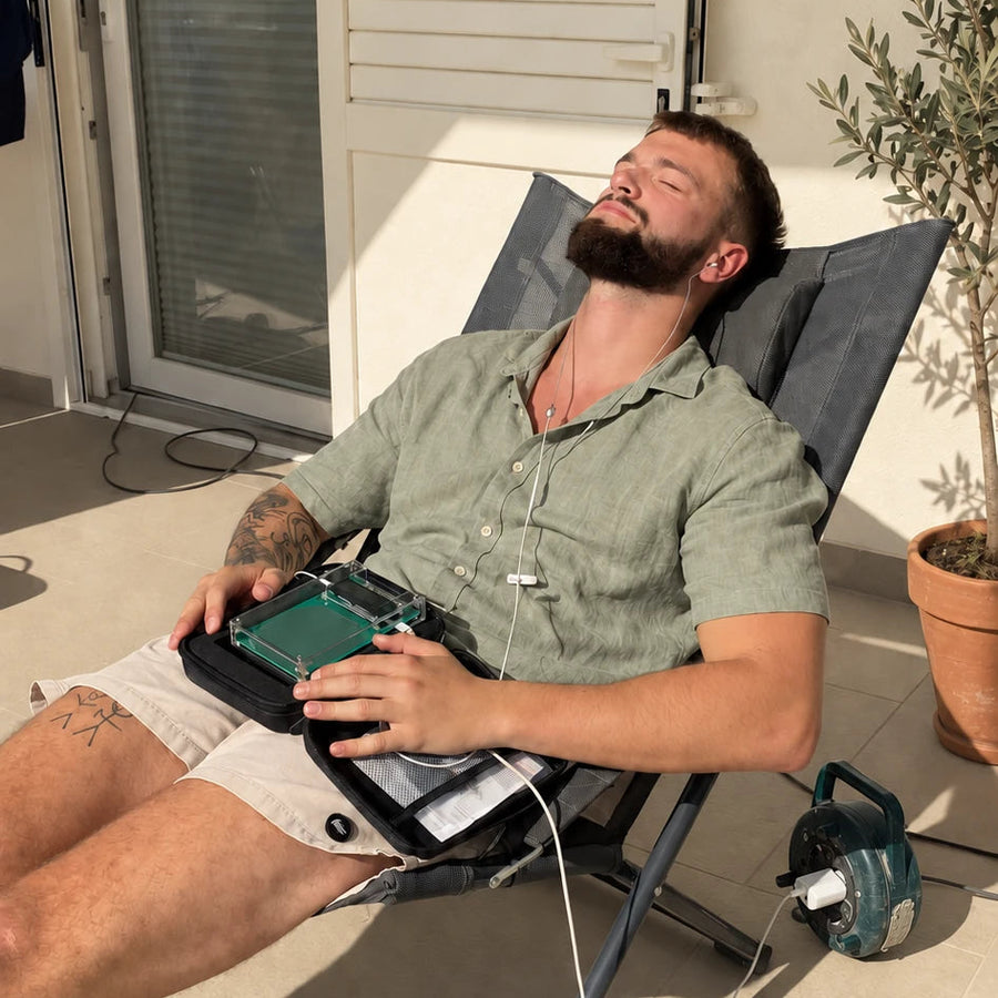 Entspannung auf dem Balkon mit Frequenzgenerator und angeschlossener Kabeltrommel